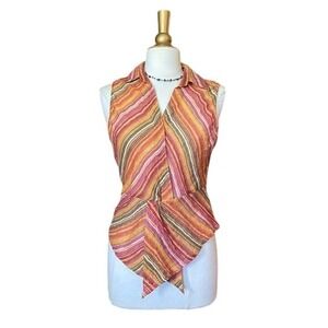 Vintage Y2K 2000s Tyler Boe Womens Striped Sleeveless Wrap Blouse Orange Top M